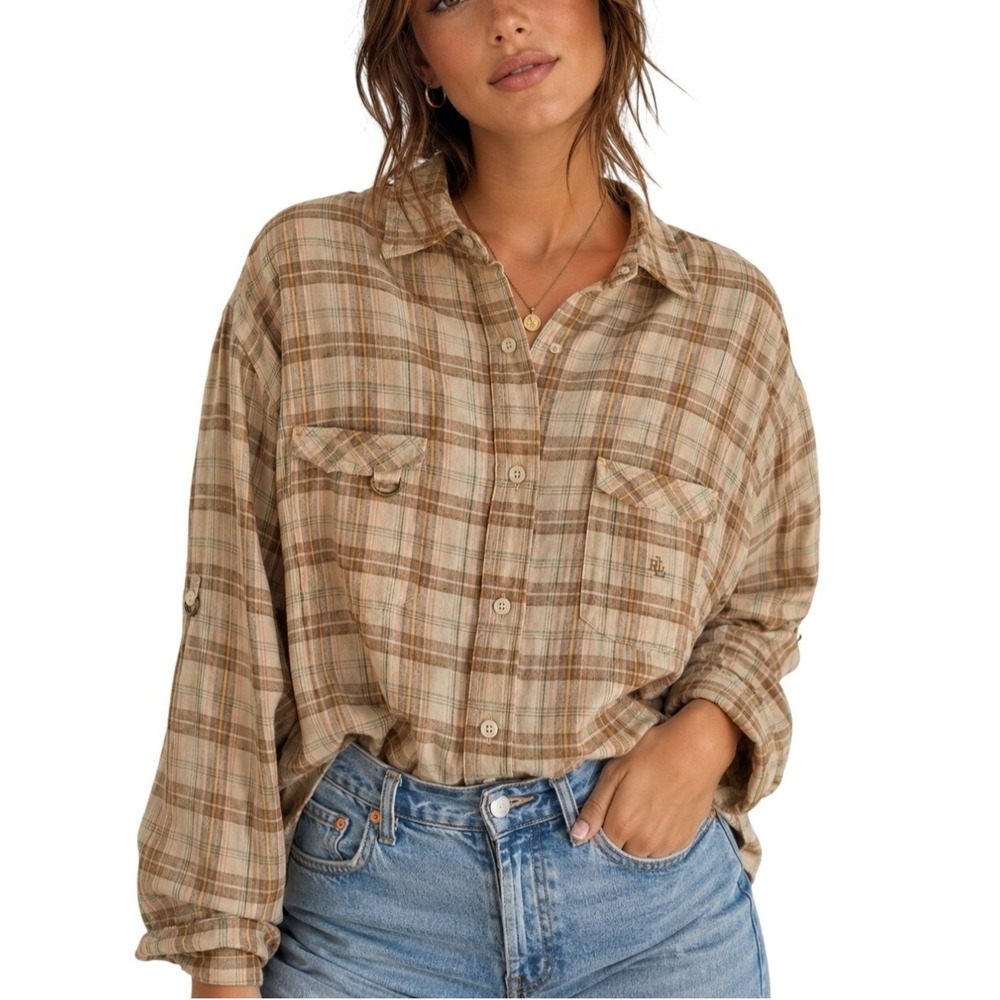 Ralph Lauren RLL Vintage 90s Cabincore Heritage Tan Plaid Linen Button Up Shirt